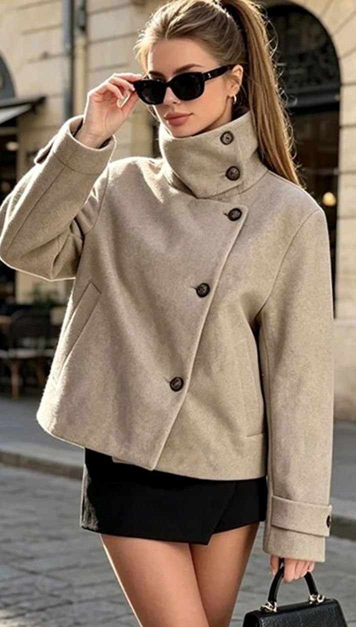 Damen Vintage Stehkragen Wollmantel Kurz mit Knöpfen