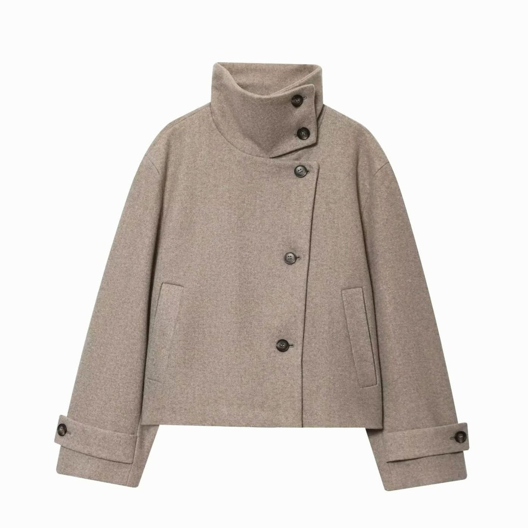 Damen Vintage Stehkragen Wollmantel Kurz mit Knöpfen - Beige