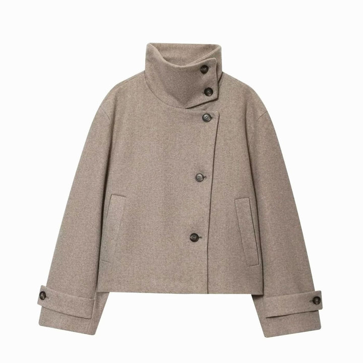 Damen Vintage Stehkragen Wollmantel Kurz mit Knöpfen - Beige