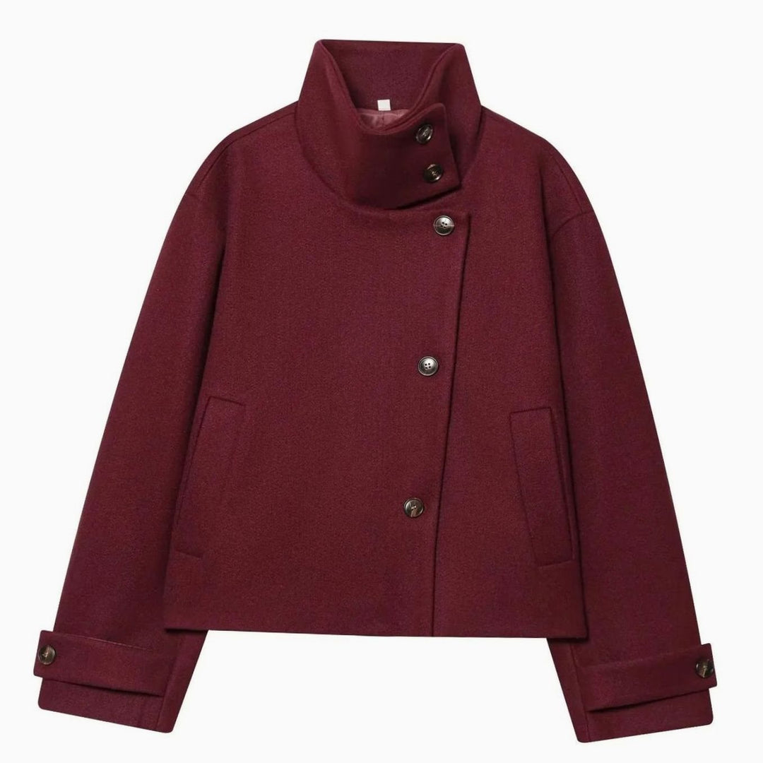 Damen Vintage Stehkragen Wollmantel Kurz mit Knöpfen - Rot
