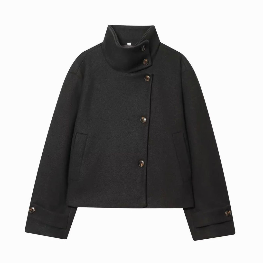 Damen Vintage Stehkragen Wollmantel Kurz mit Knöpfen - Schwarz