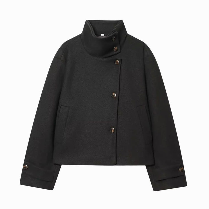 Damen Vintage Stehkragen Wollmantel Kurz mit Knöpfen - Schwarz