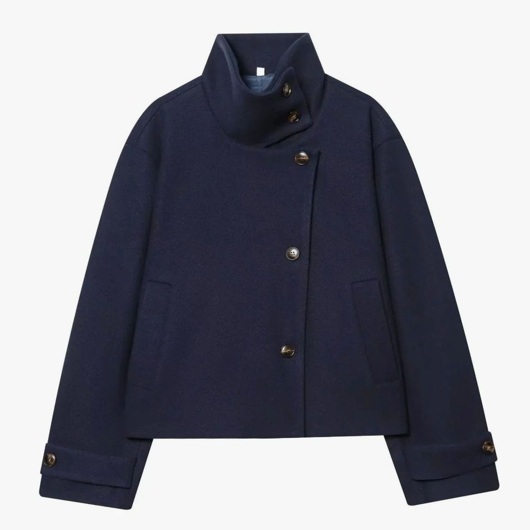 Damen Vintage Stehkragen Wollmantel Kurz mit Knöpfen - Dunkelblau