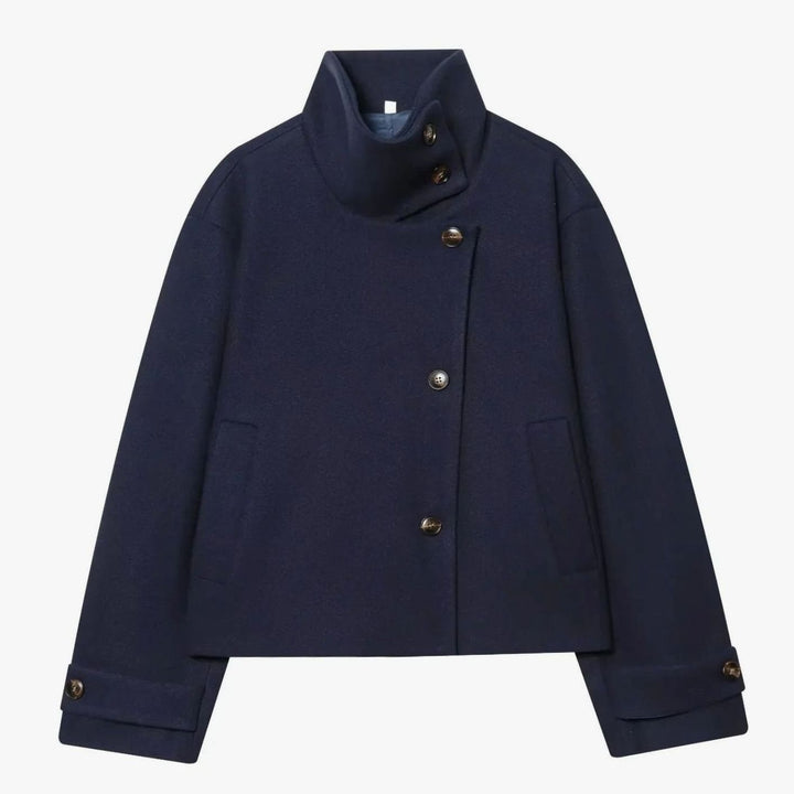Damen Vintage Stehkragen Wollmantel Kurz mit Knöpfen - Dunkelblau