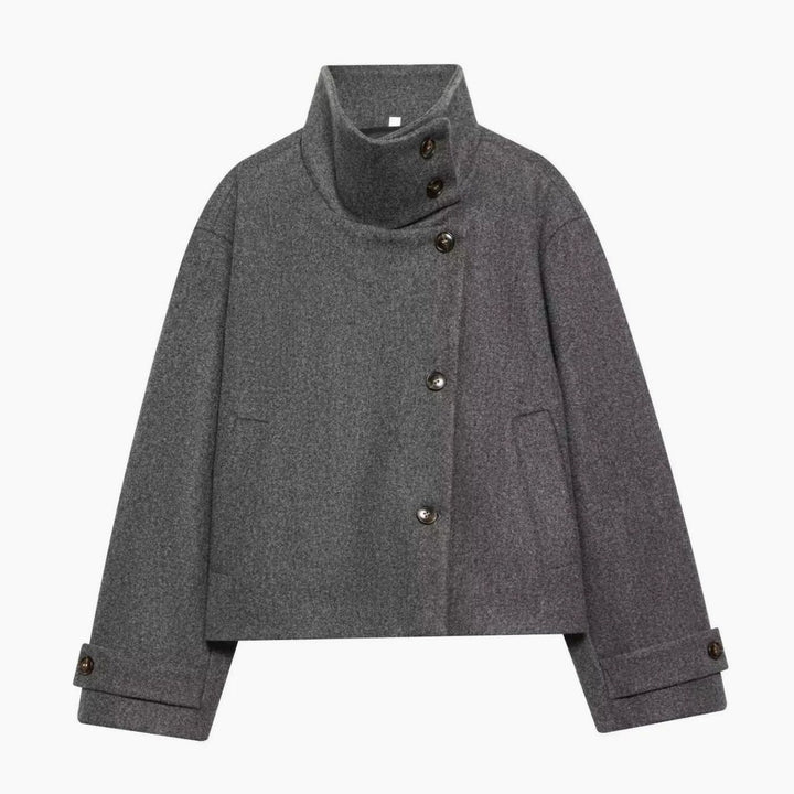 Damen Vintage Stehkragen Wollmantel Kurz mit Knöpfen - Grau