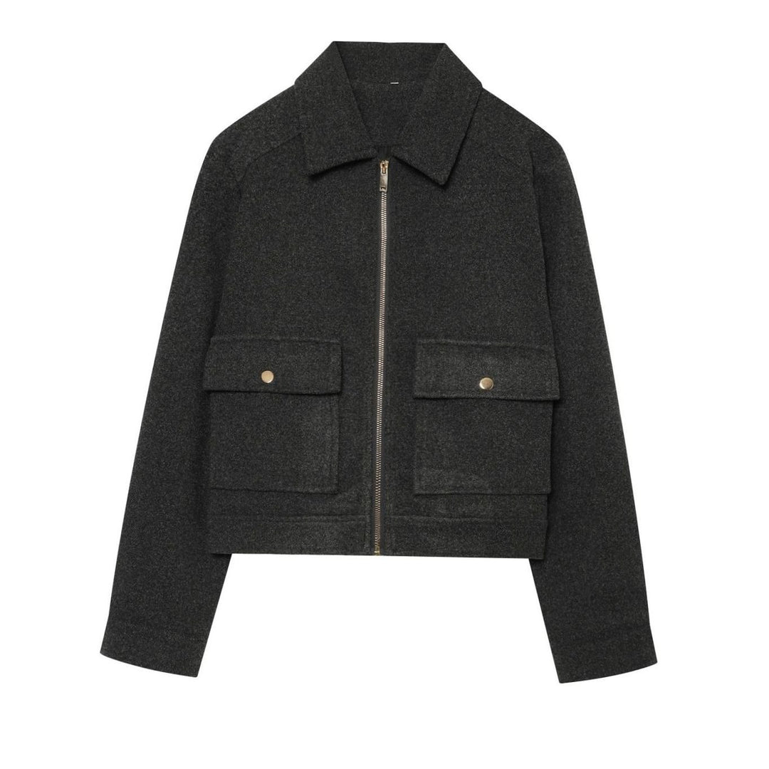 Damen Vintage Stehkragen Wollmantel Kurz mit Knöpfen - Grau-Schwarz
