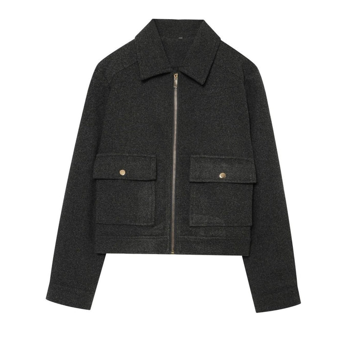 Damen Vintage Stehkragen Wollmantel Kurz mit Knöpfen - Grau-Schwarz