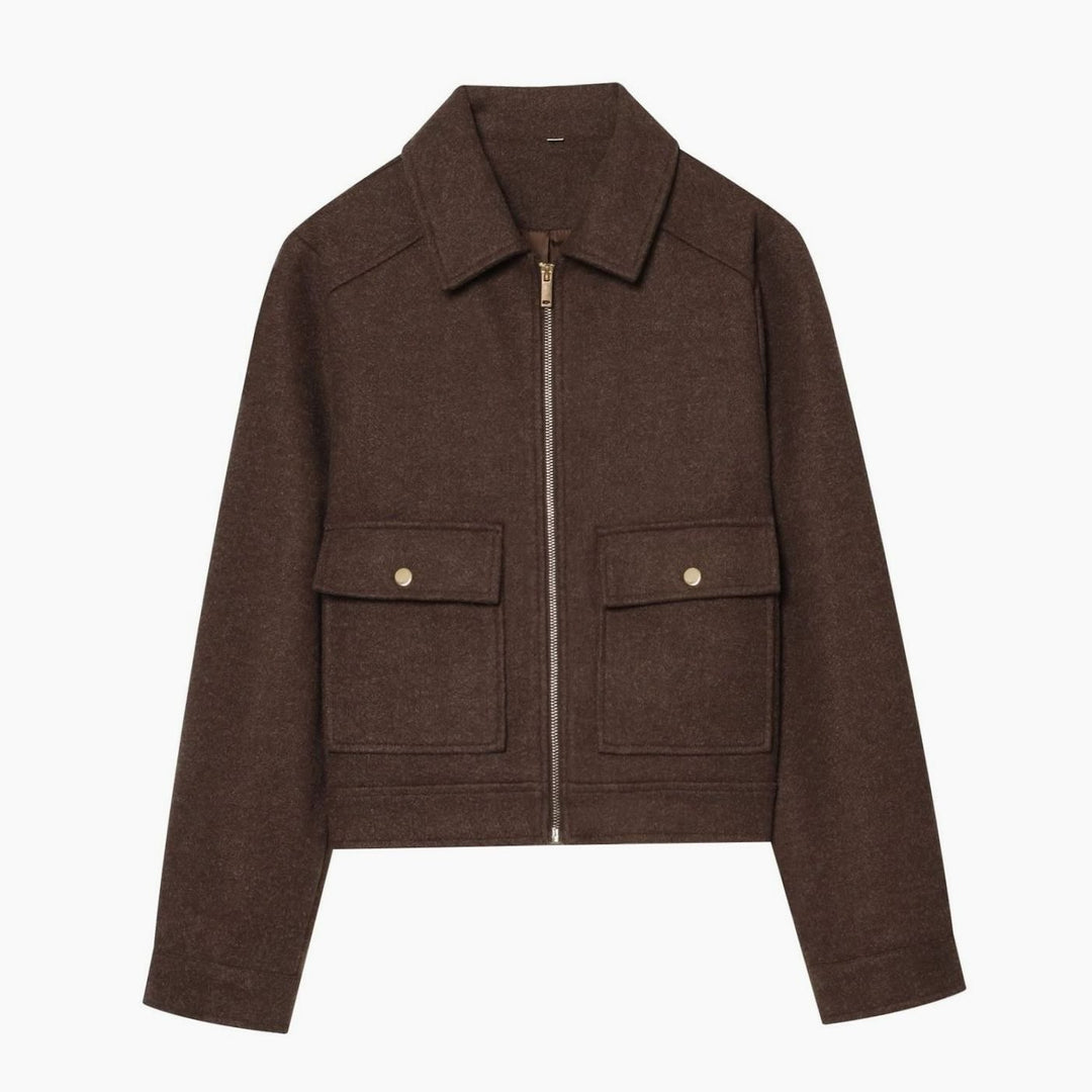 Damen Vintage Stehkragen Wollmantel Kurz mit Knöpfen - Braun