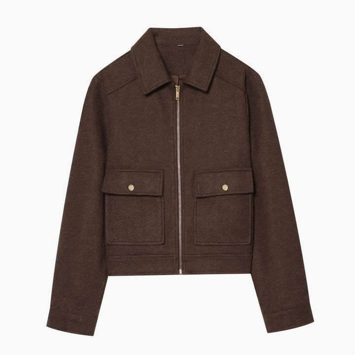 Damen Vintage Stehkragen Wollmantel Kurz mit Knöpfen - Braun