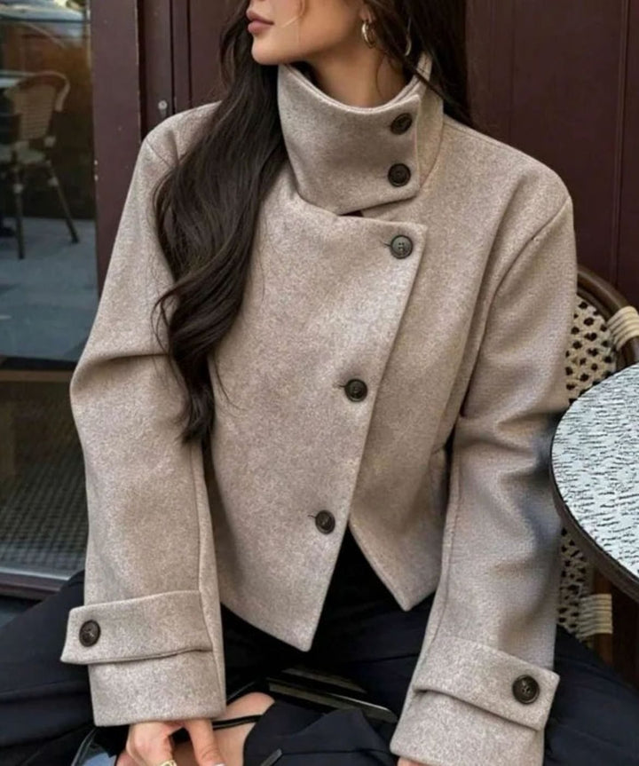 Damen Vintage Stehkragen Wollmantel Kurz mit Knöpfen