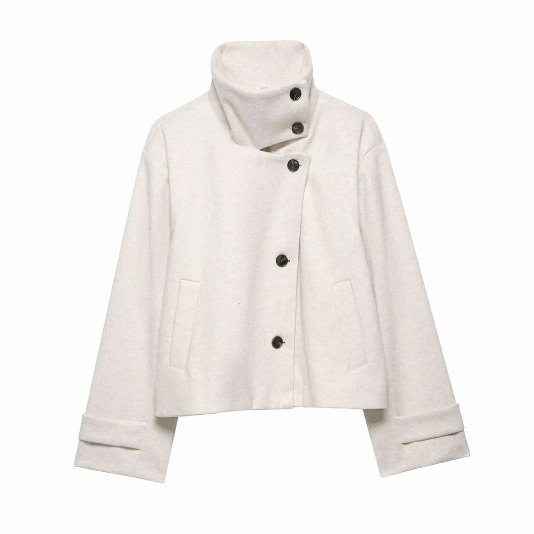 Damen Vintage Stehkragen Wollmantel Kurz mit Knöpfen