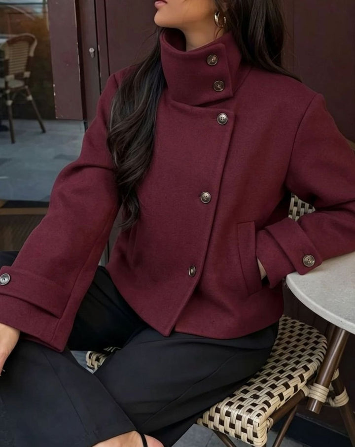 Damen Vintage Stehkragen Wollmantel Kurz mit Knöpfen