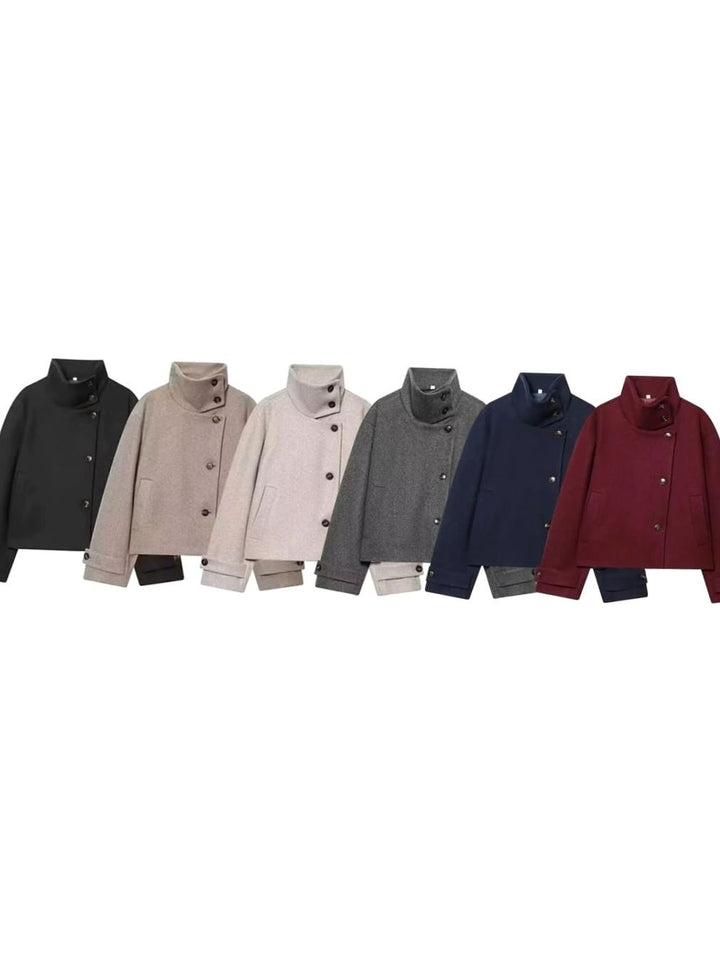 Damen Vintage Stehkragen Wollmantel Kurz mit Knöpfen