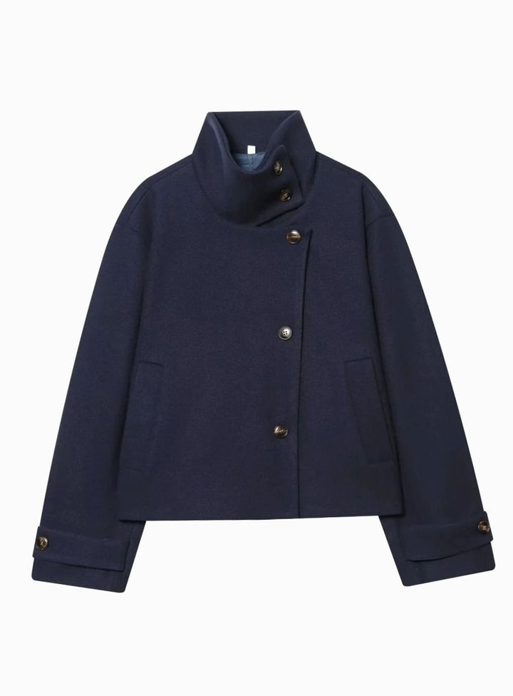 Damen Vintage Stehkragen Wollmantel Kurz mit Knöpfen