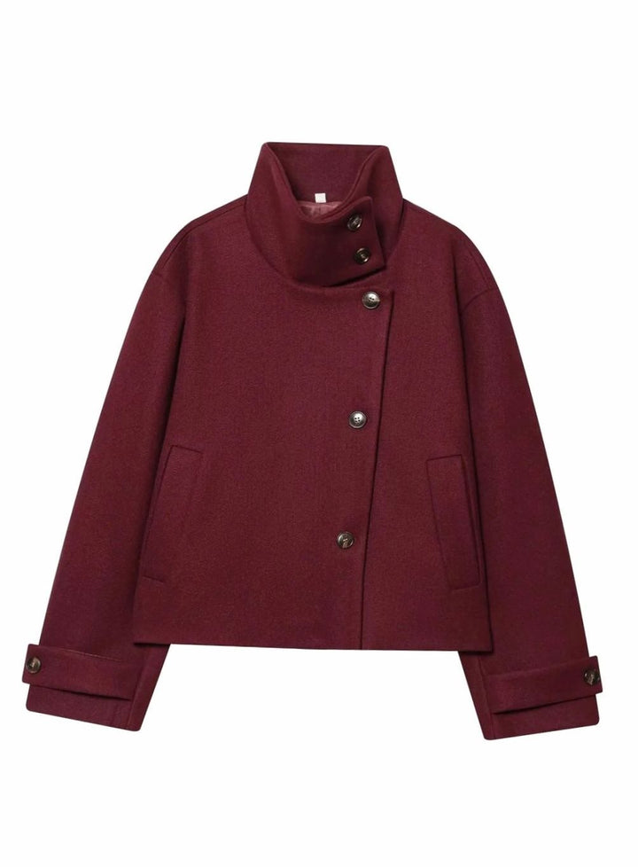 Damen Vintage Stehkragen Wollmantel Kurz mit Knöpfen
