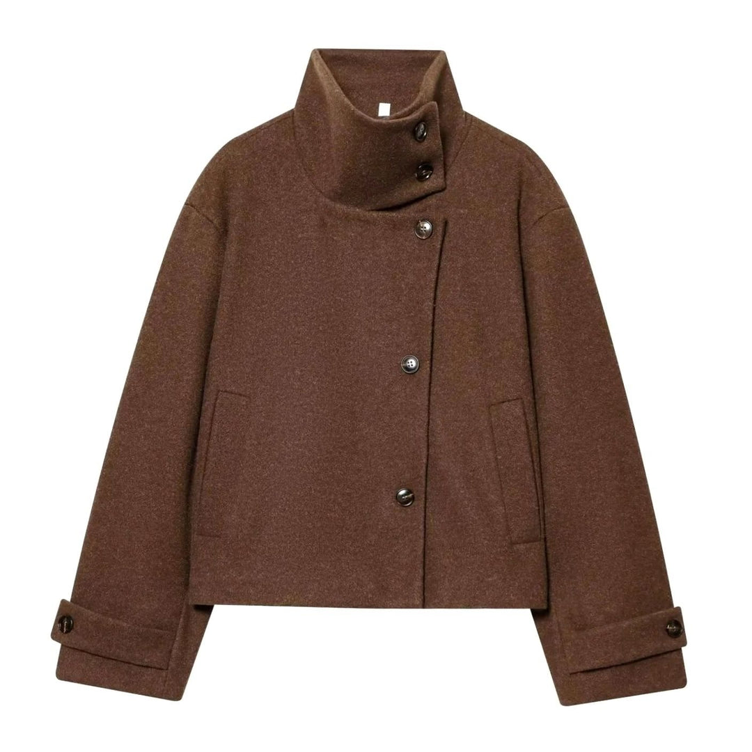 Damen Vintage Stehkragen Wollmantel Kurz mit Knöpfen