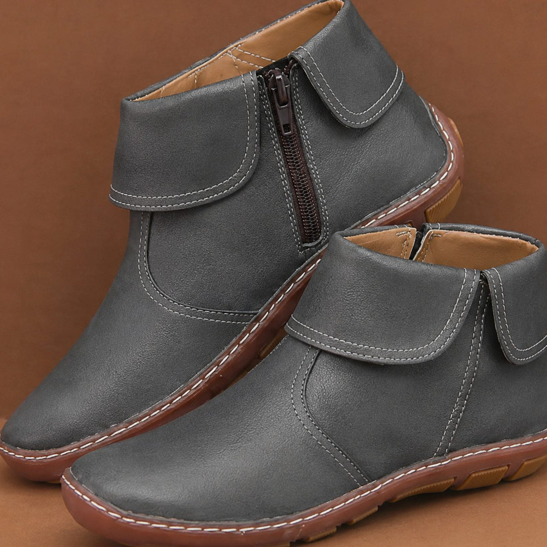 Damen Vintage Stiefeletten mit Reißverschluss Flache Kurzstiefel - Dunkelgrau (mit Reißverschluss)