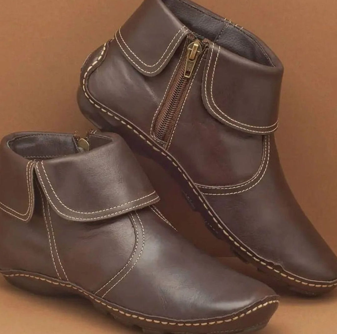 Damen Vintage Stiefeletten mit Reißverschluss Flache Kurzstiefel - Dunkelbraun (mit Reißverschluss)