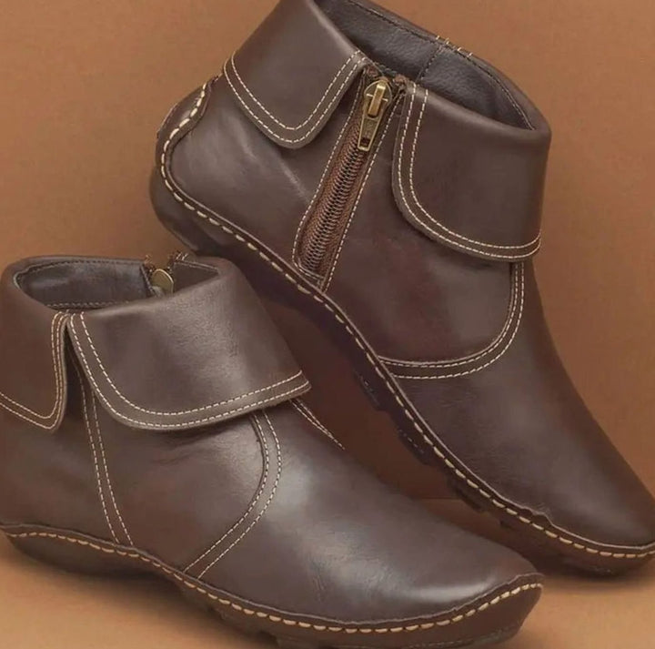 Damen Vintage Stiefeletten mit Reißverschluss Flache Kurzstiefel - Dunkelbraun (mit Reißverschluss)