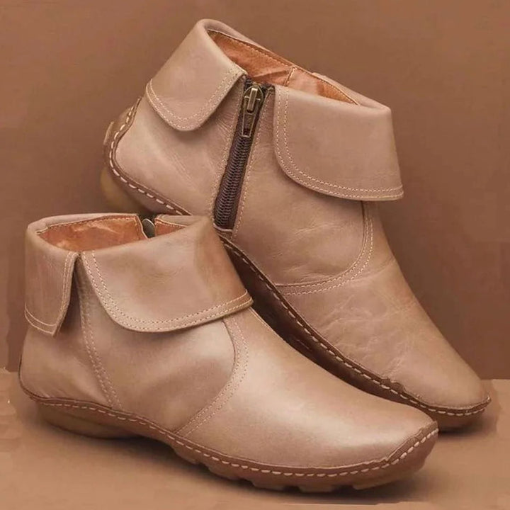 Damen Vintage Stiefeletten mit Reißverschluss Flache Kurzstiefel - Beige (mit Reißverschluss)
