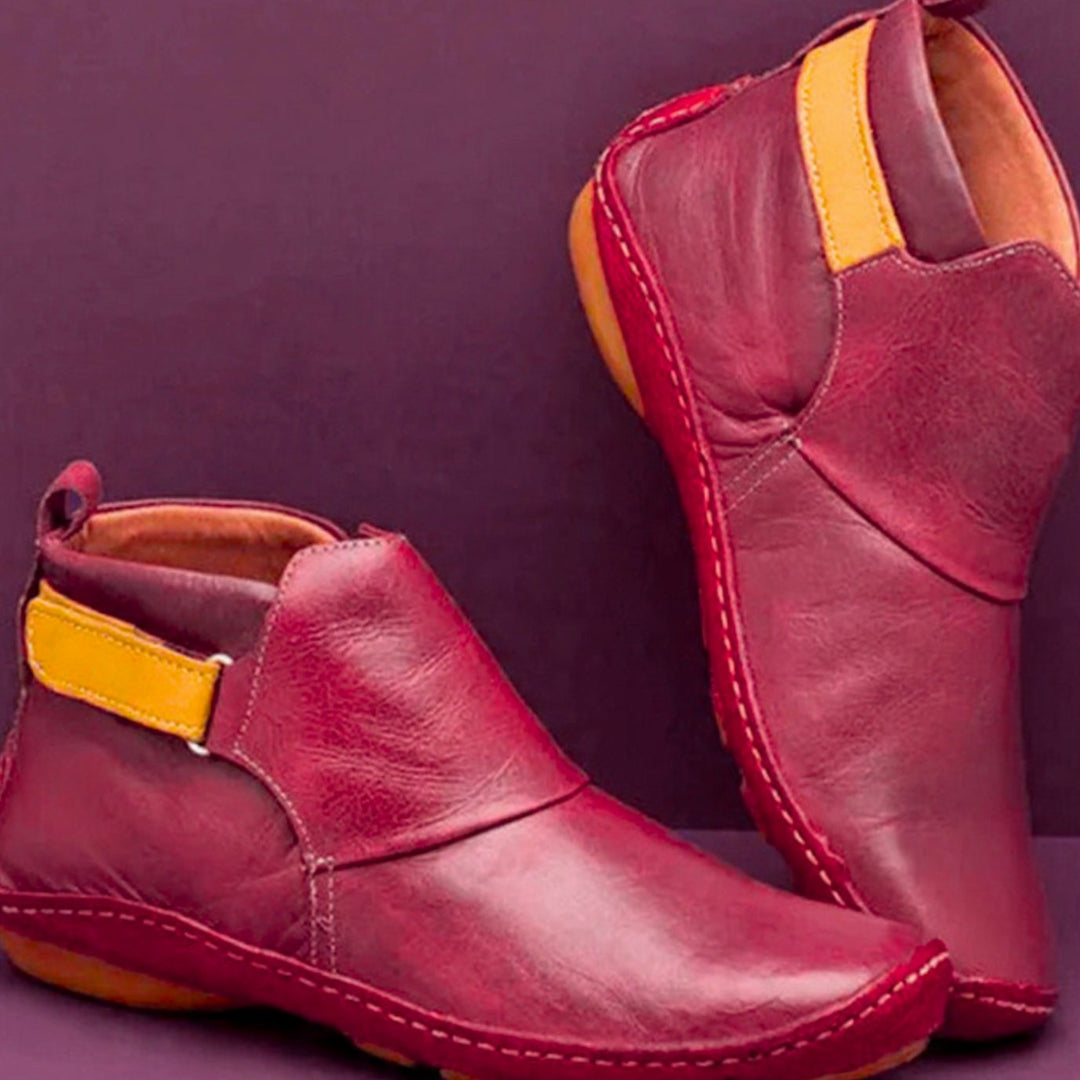 Damen Vintage Stiefeletten mit Reißverschluss Flache Kurzstiefel - Rot