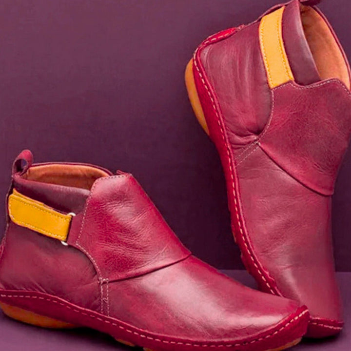 Damen Vintage Stiefeletten mit Reißverschluss Flache Kurzstiefel - Rot