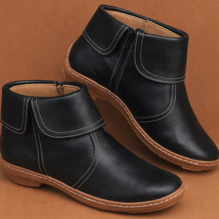 Damen Vintage Stiefeletten mit Reißverschluss Flache Kurzstiefel - Schwarz (mit Reißverschluss)