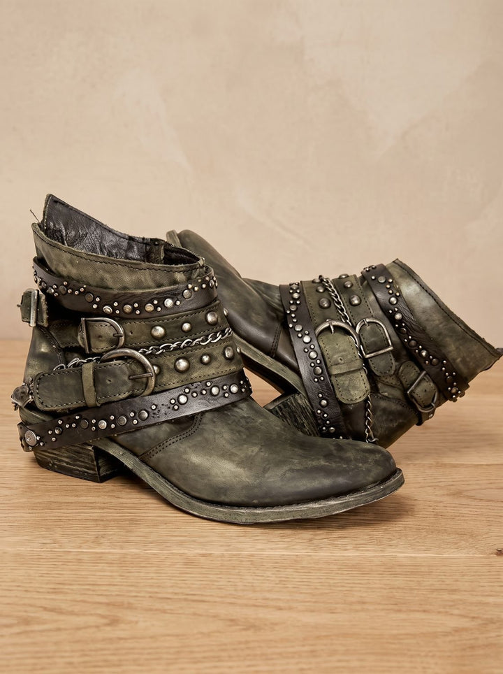 Damen Vintage Western Stiefeletten mit Schnallenriemen Nieten Ketten
