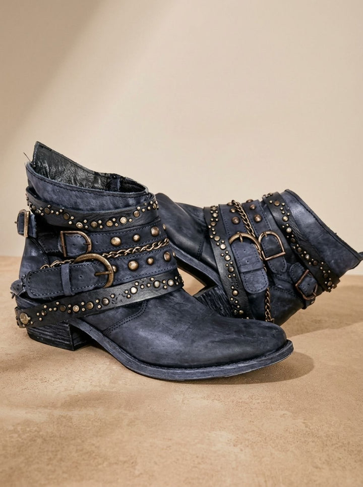 Damen Vintage Western Stiefeletten mit Schnallenriemen Nieten Ketten
