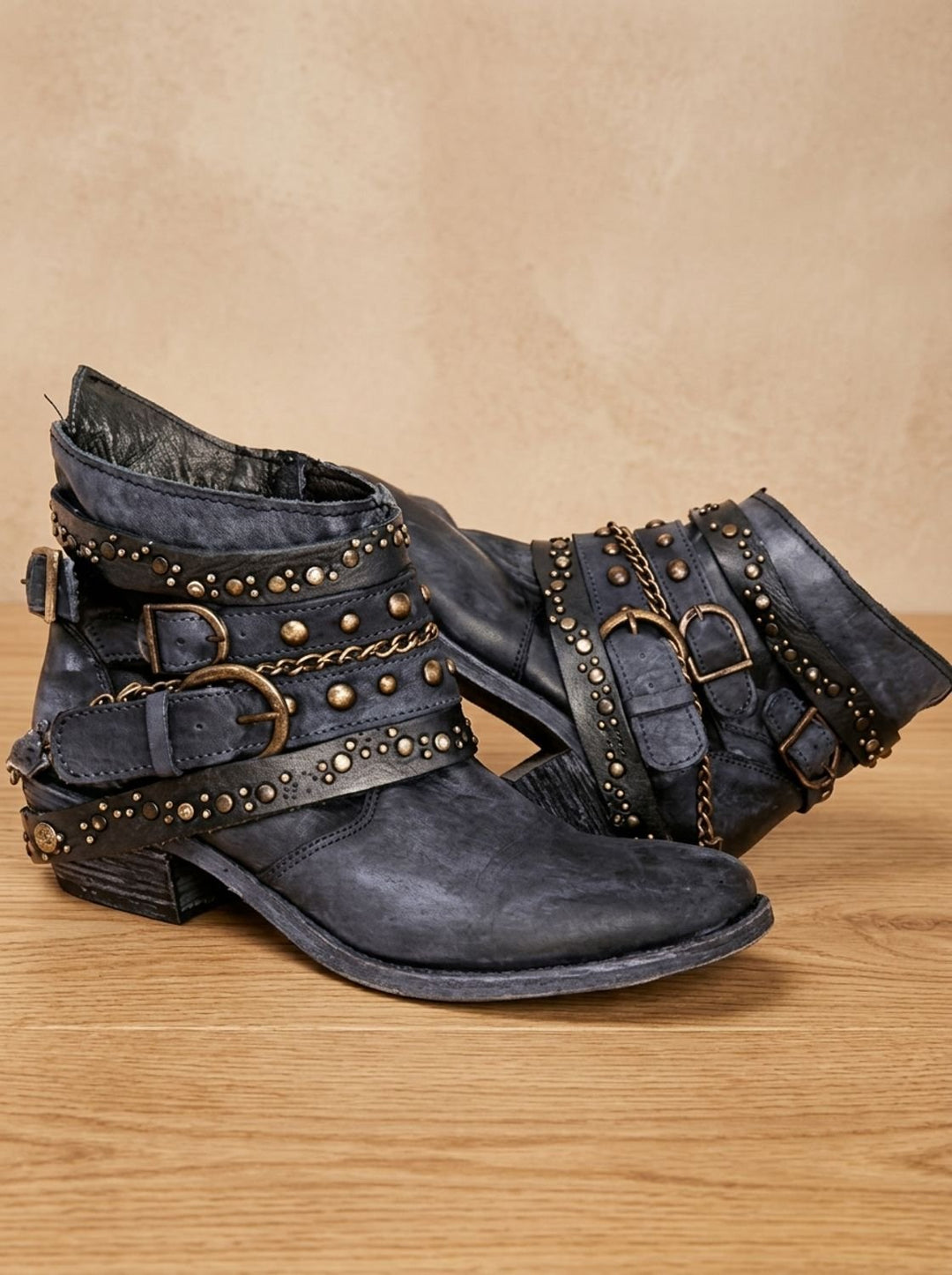 Damen Vintage Western Stiefeletten mit Schnallenriemen Nieten Ketten - Blau