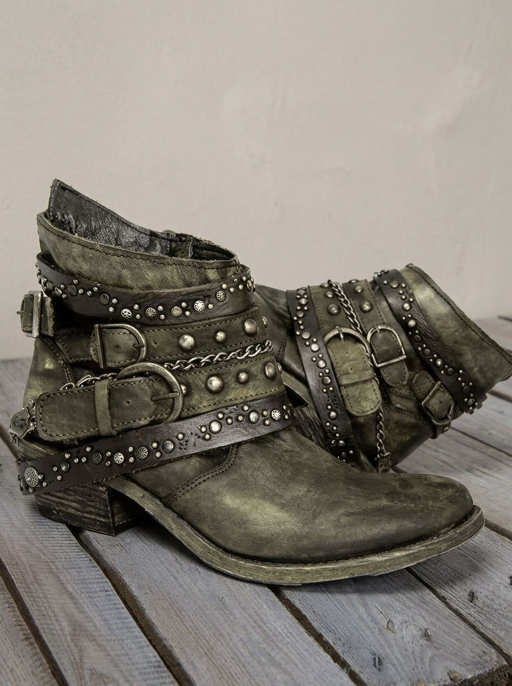 Damen Vintage Western Stiefeletten mit Schnallenriemen Nieten Ketten - Grün