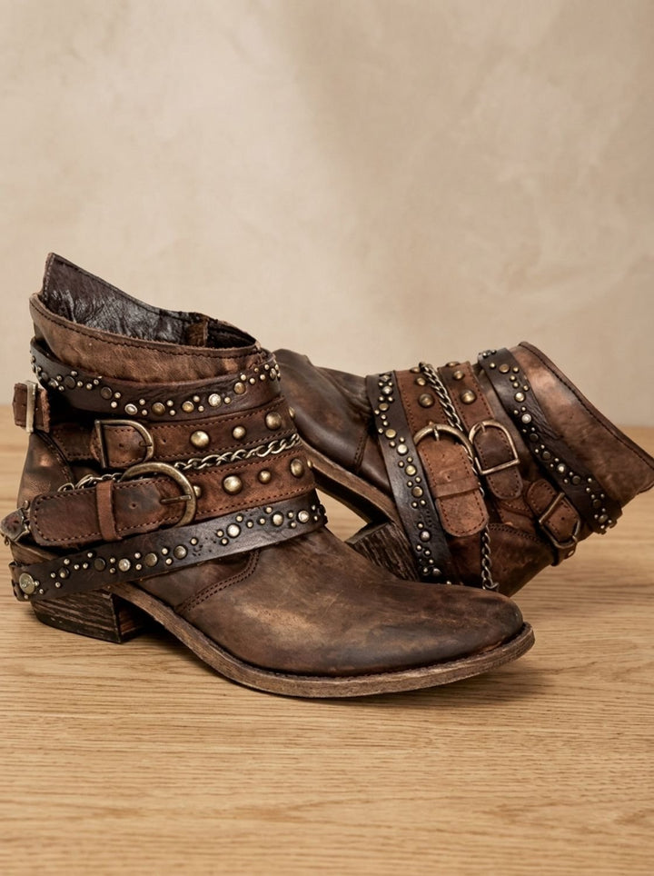 Damen Vintage Western Stiefeletten mit Schnallenriemen Nieten Ketten - Braun