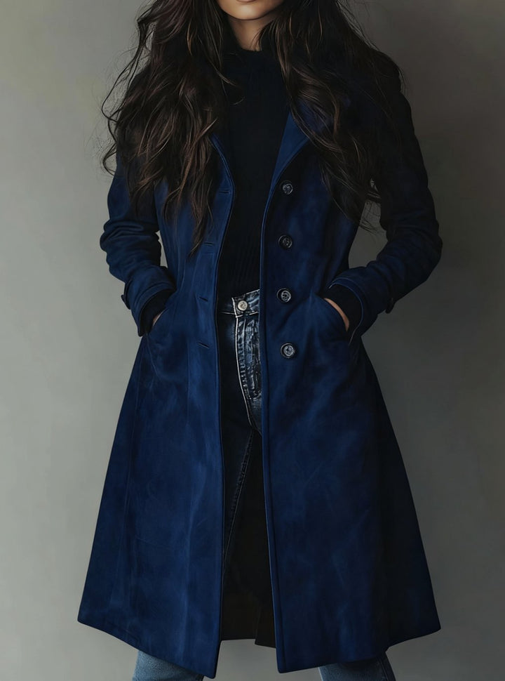 Damen Vintage Wildleder-Optik Mantel Damen Zweireihiger Trenchcoat - Dunkelblau