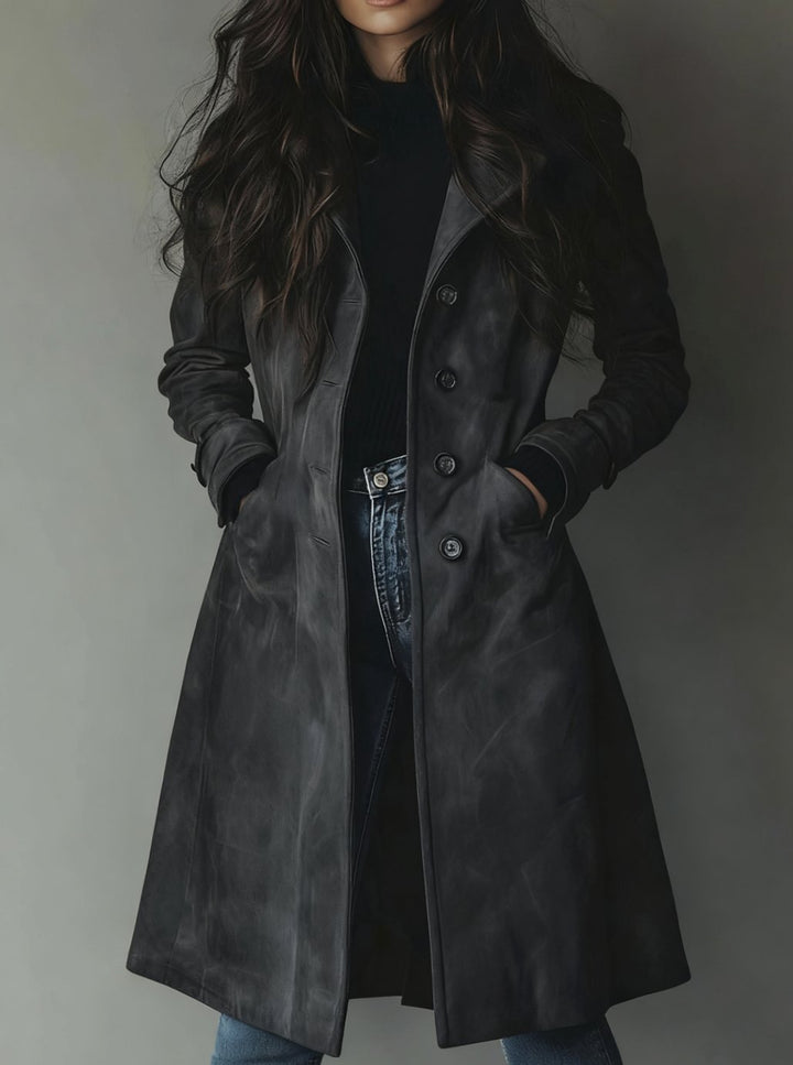 Damen Vintage Wildleder-Optik Mantel Damen Zweireihiger Trenchcoat - Dunkelgrau