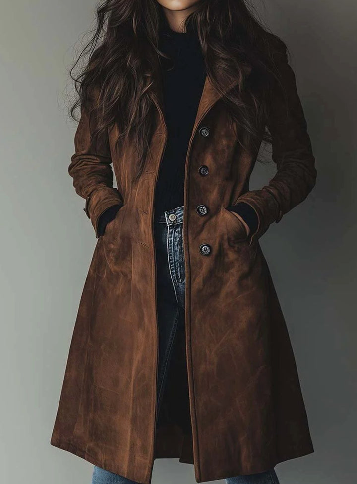Damen Vintage Wildleder-Optik Zweireihiger Langer Trenchcoat - Braun