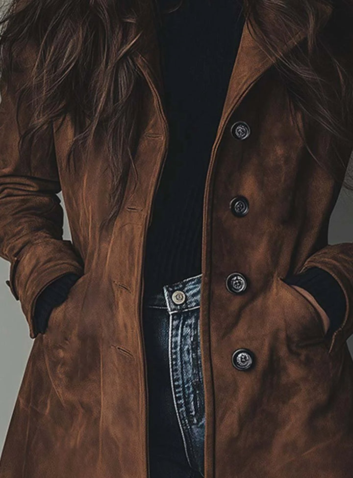 Damen Vintage Wildleder-Optik Zweireihiger Langer Trenchcoat