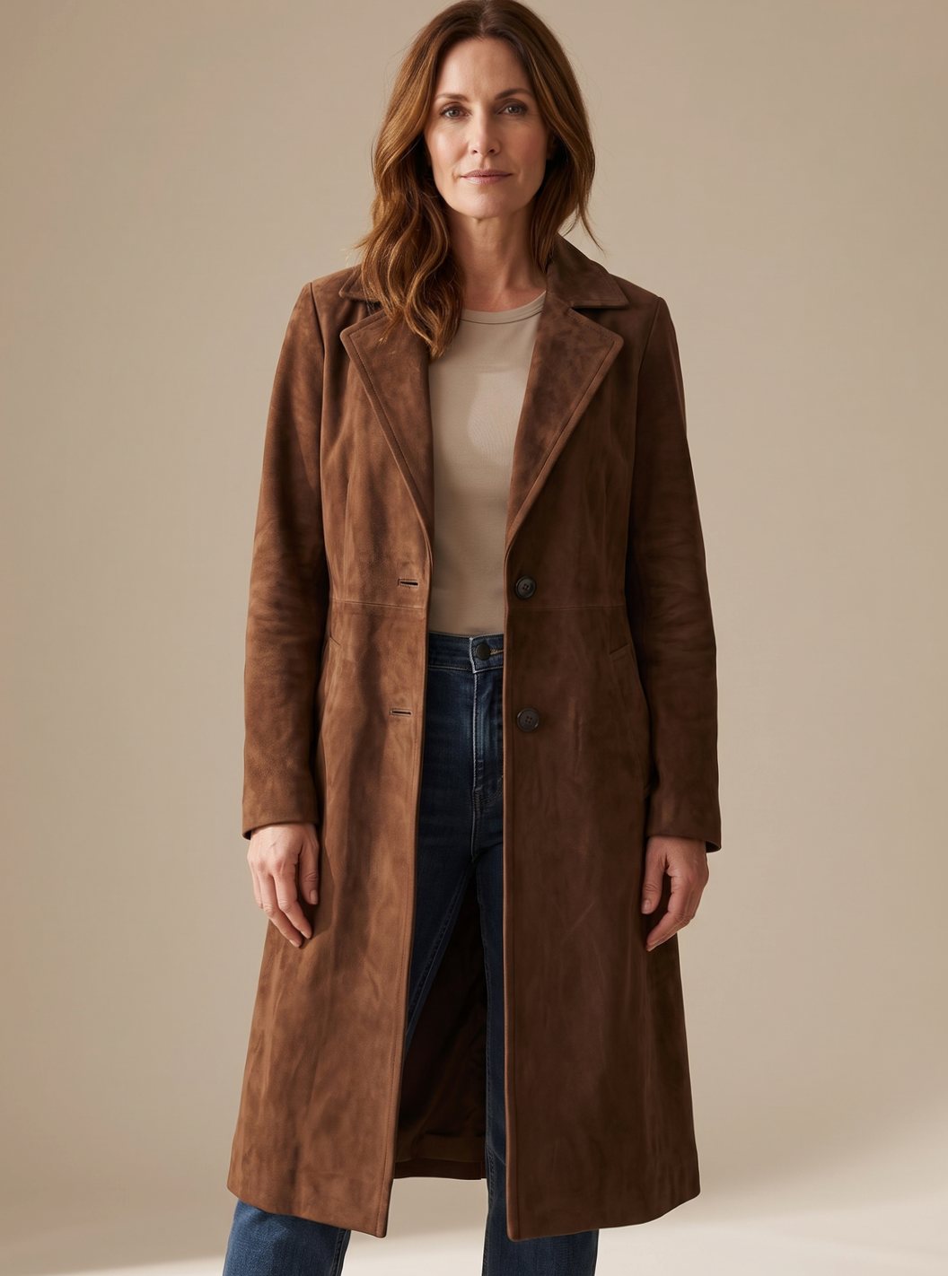 Damen Vintage Wildleder-Optik Zweireihiger Langer Trenchcoat