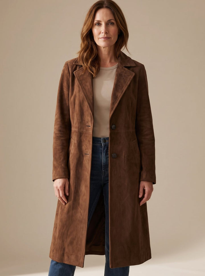 Damen Vintage Wildleder-Optik Zweireihiger Langer Trenchcoat