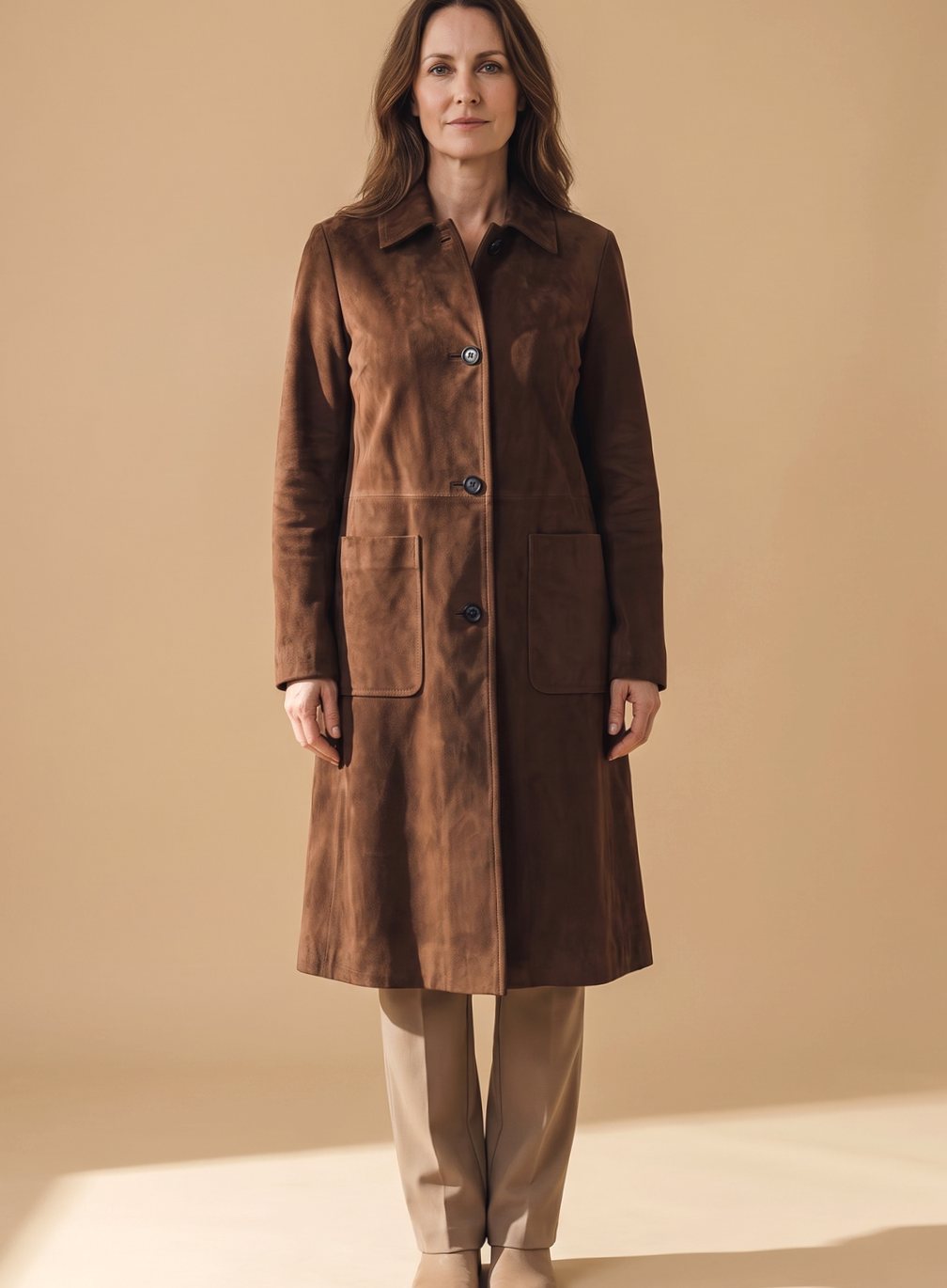Damen Vintage Wildleder-Optik Zweireihiger Langer Trenchcoat