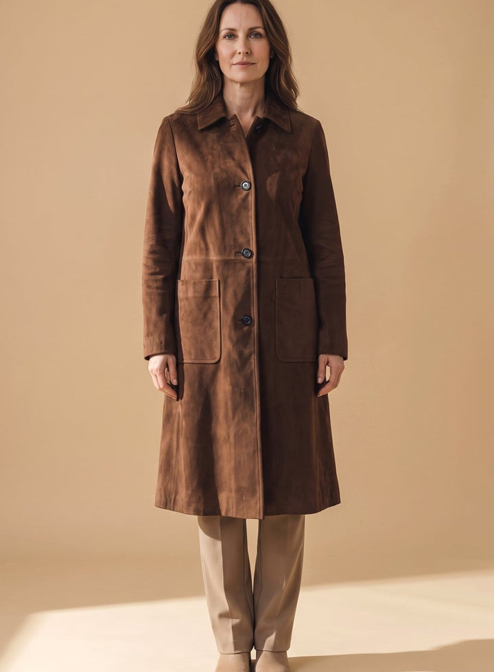 Damen Vintage Wildleder-Optik Zweireihiger Langer Trenchcoat