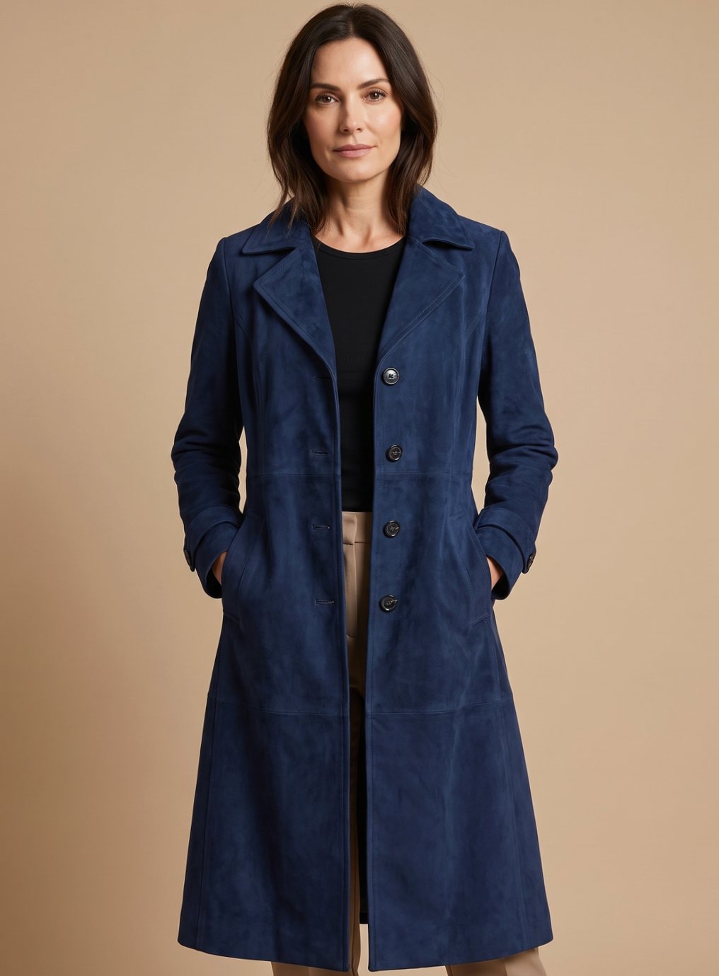 Damen Vintage Wildleder-Optik Zweireihiger Langer Trenchcoat - Dunkelblau