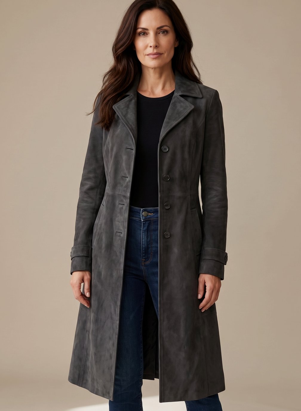 Damen Vintage Wildleder-Optik Zweireihiger Langer Trenchcoat - Dunkelgrau