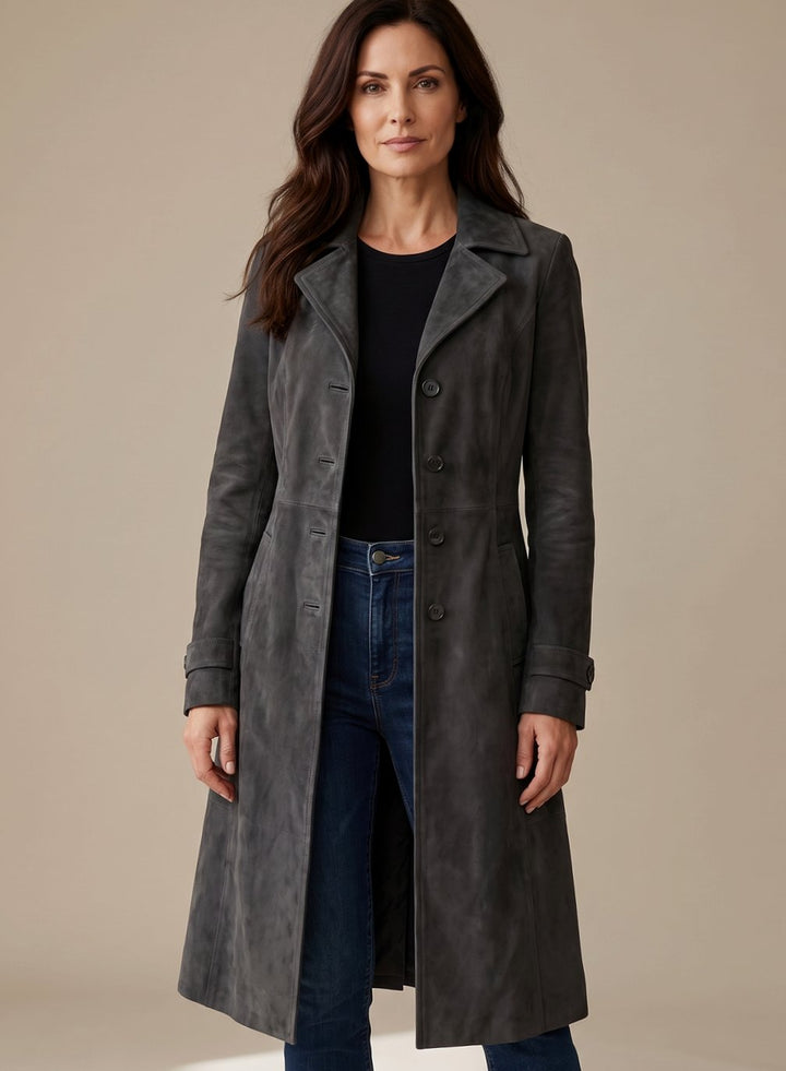 Damen Vintage Wildleder-Optik Zweireihiger Langer Trenchcoat - Dunkelgrau