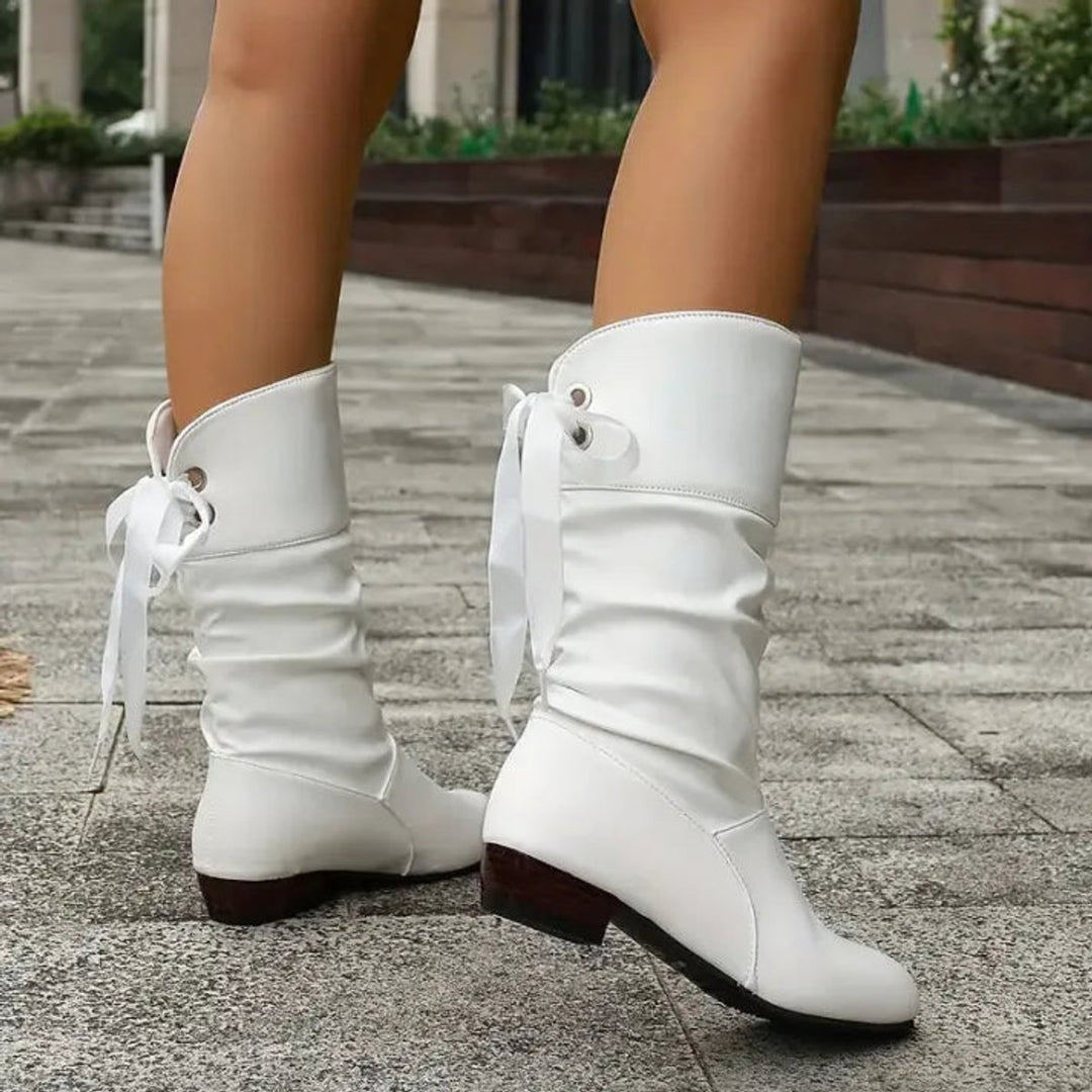 Damen Wadenhohe Schnür-Ankle-Boots mit Blockabsatz aus Kunstleder