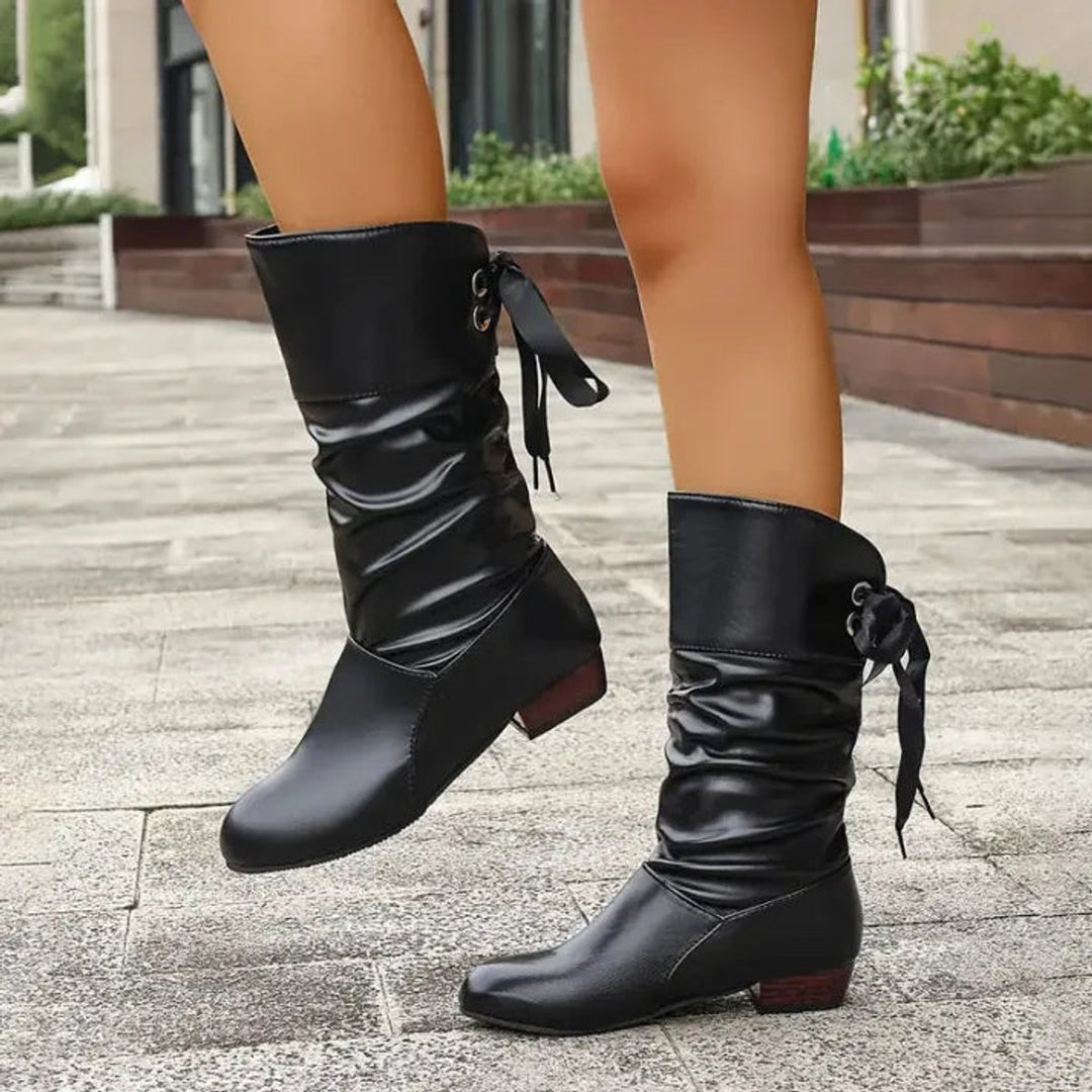 Damen Wadenhohe Schnür-Ankle-Boots mit Blockabsatz aus Kunstleder