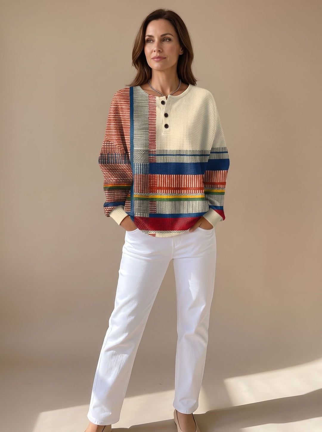 Damen Waffel-Pullover mit Colorblock-Muster und Knopfleiste