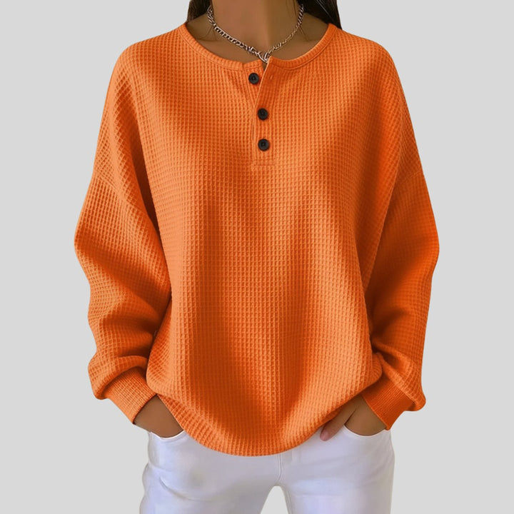 Damen Waffelstrick Henley Knit Sweater Langarm Oversize Pullover