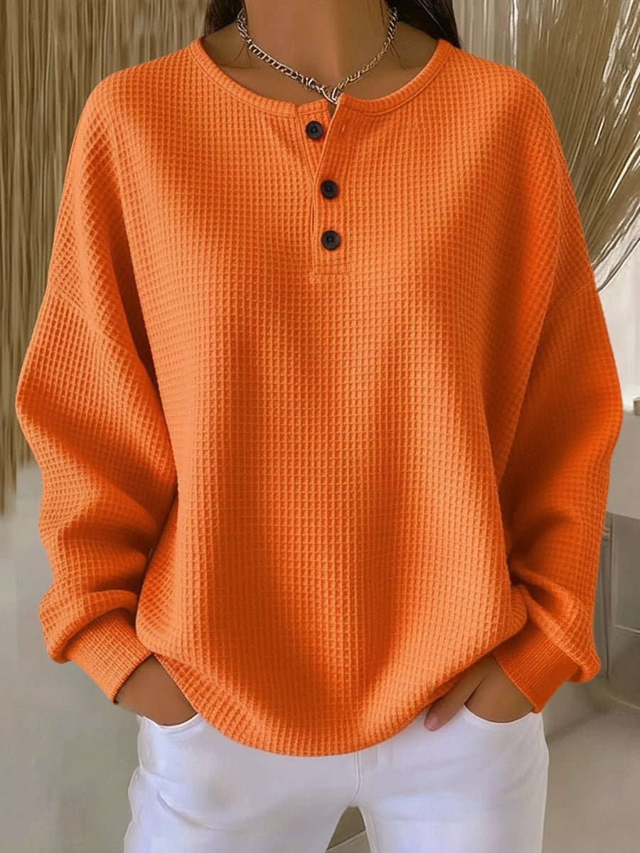 Damen Waffelstrick Henley Knit Sweater Langarm Oversize Pullover - Orange