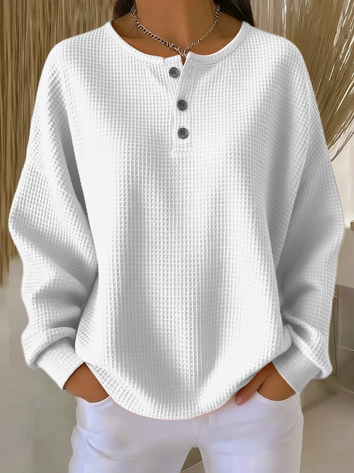 Damen Waffelstrick Henley Knit Sweater Langarm Oversize Pullover - Weiß