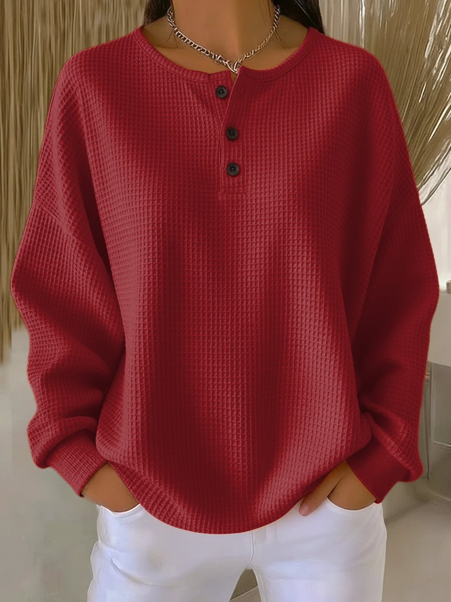 Damen Waffelstrick Henley Knit Sweater Langarm Oversize Pullover - Rot